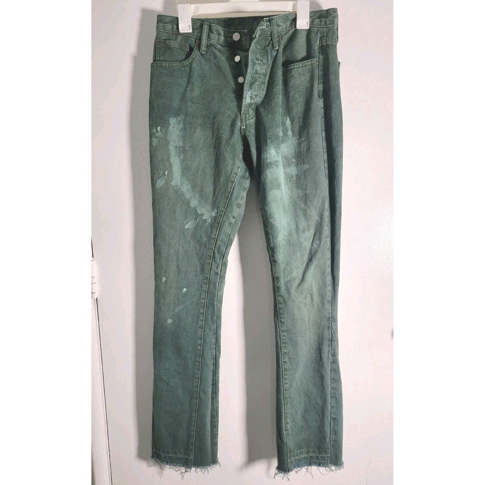 MNML Green Distressed Straight Leg Jeans Raw Hem Vintage Grunge Streetwear Y2K